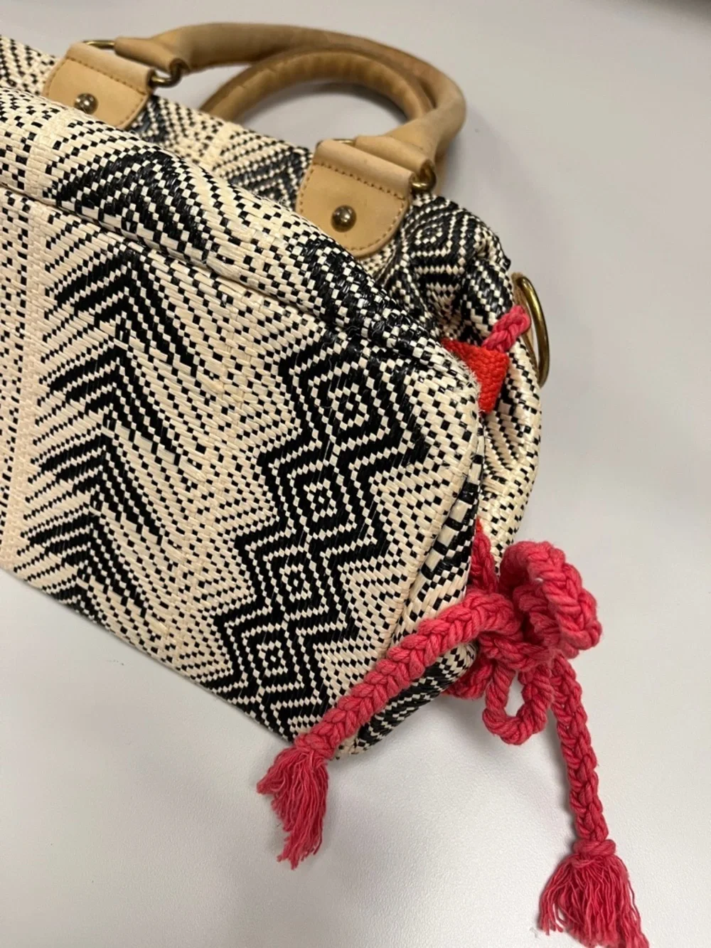 Miss Albright Speciality Woven Chevron Satchel Handbag in Black, Cream & Red